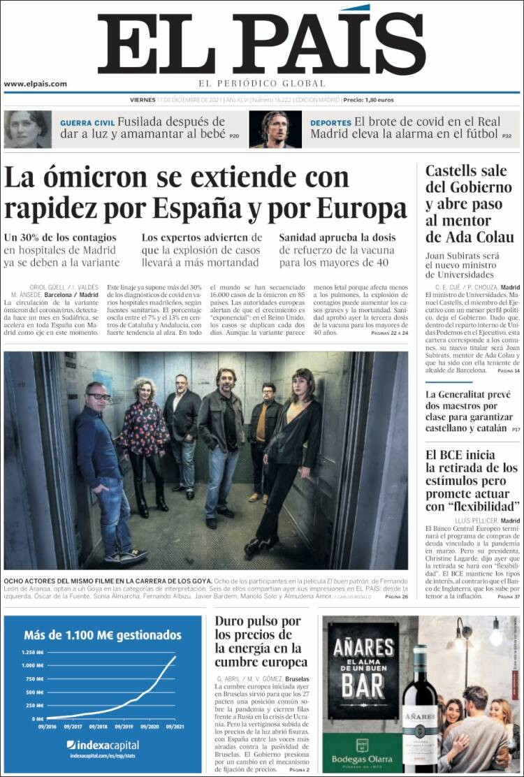 Portada de 'El País' del 17 de diciembre de 2021 / KIOSKO.NET