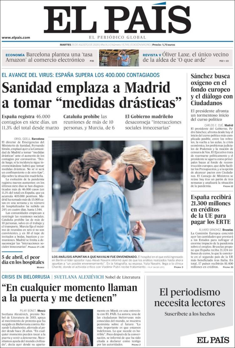 'El País' dedica sus primeras planas de hoy, 25 de agosto de 2020, a la situación del coronavirus en Madrid