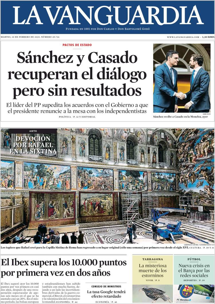 Portada de 'La Vanguardia' del 18 de febrero de 2020