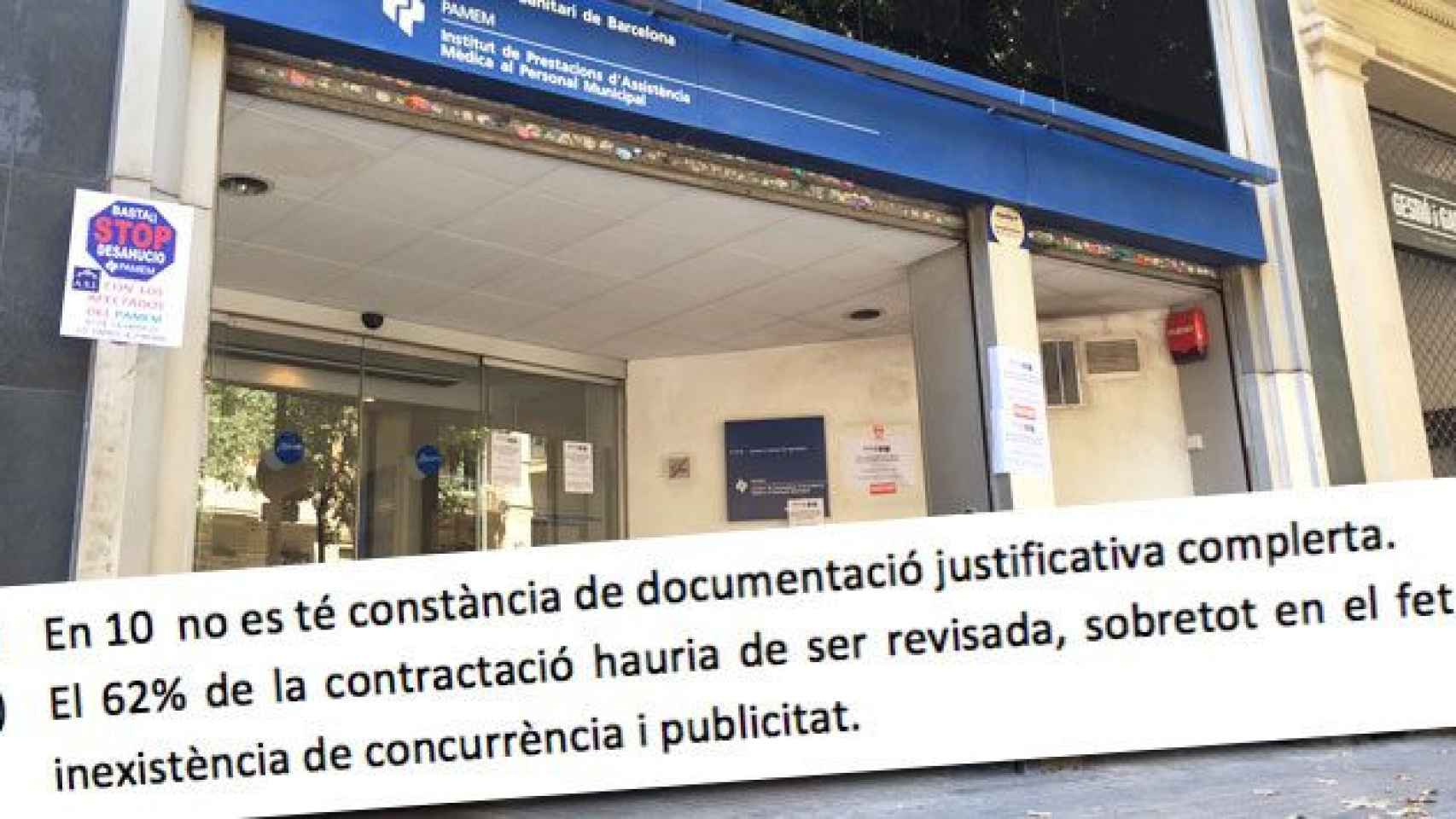 La sede de la mutua municipal PAMEM de Barcelona y extracto de la auditoría que aflora las irregularidades / CG