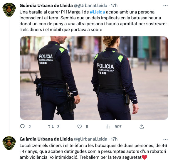 La Guardia Urbana informa a través de Twitter del altercado en Lleida