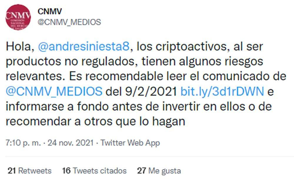 Advertencia de la CNMV a Andrés Iniesta / TWITTER