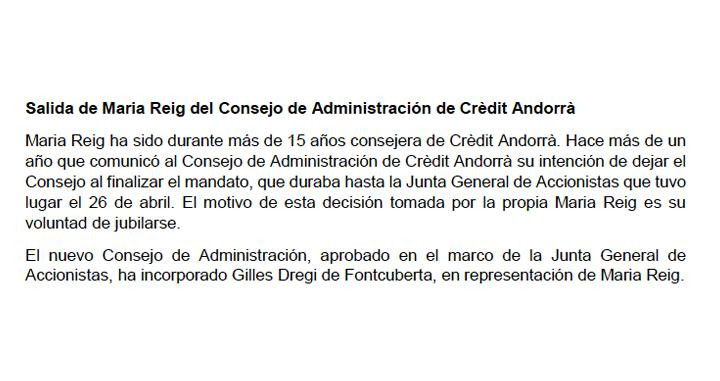 Los argumentos de Crèdit Andorrà para explicar la salida de Maria Reig de su consejo de administración / CG