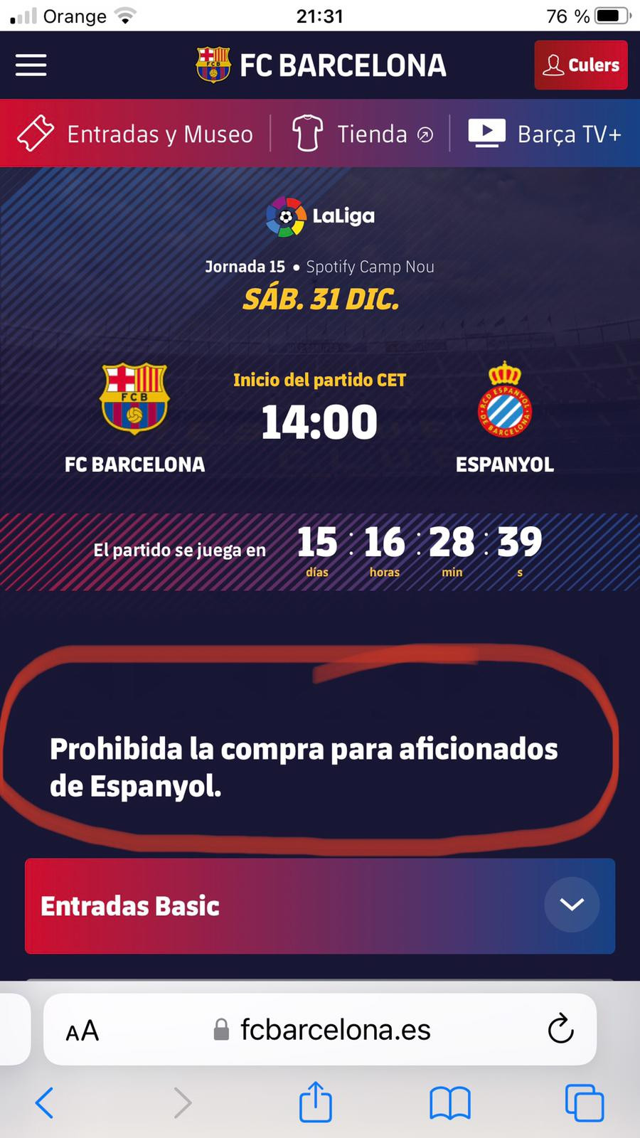El mensaje en la web del Barça contra el RCD Espanyol / REDES