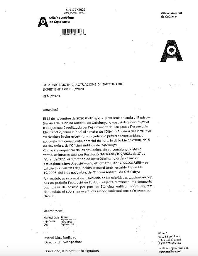 Investigación de la Oficina Antifraude de Cataluña (OAC) sobre el Ayuntamiento de Terrassa