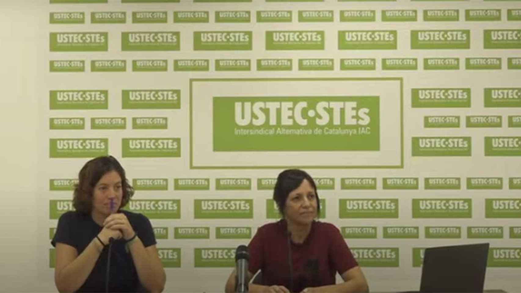 Eli Pericas y Iolanda Segura, portavoces de Ustec, en una rueda de prensa en la que amenazan con nuevas huelgas / USTEC