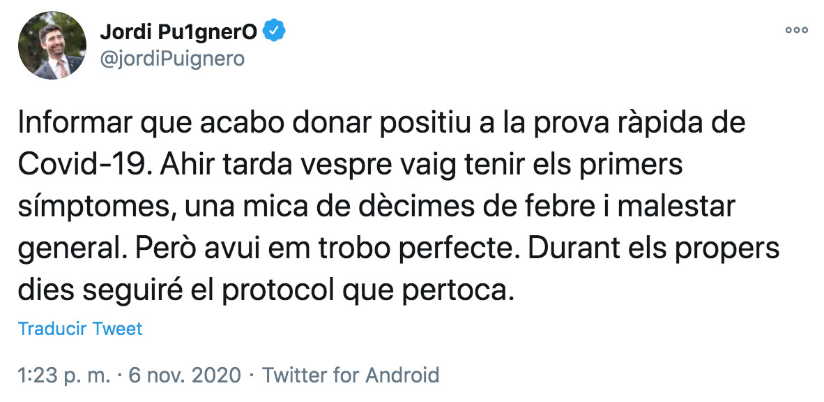 Tweet del conseller Jordi Puigneró / TWITTER