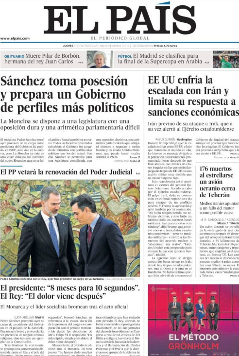 Portada de 'El País' del jueves 9 de enero de 2020 / KIOSKO.NET