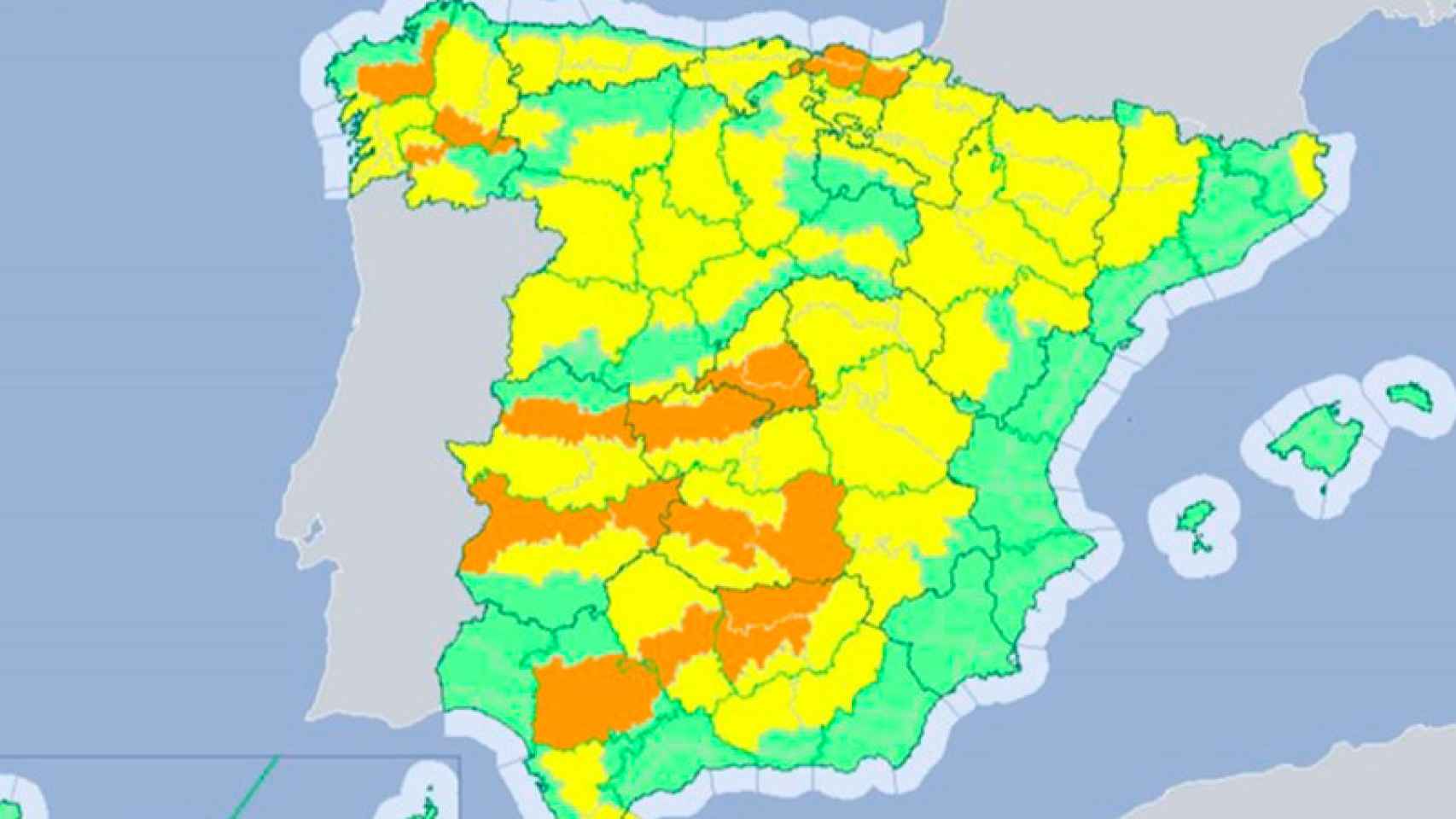 La Aemet señala en color amarillo las zonas del país donde el riesgo de altas temperaturas es mayor.