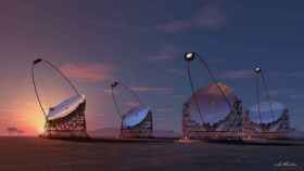 Representación artística de los cuatro telescopios gigantes propuestos para el CTA.