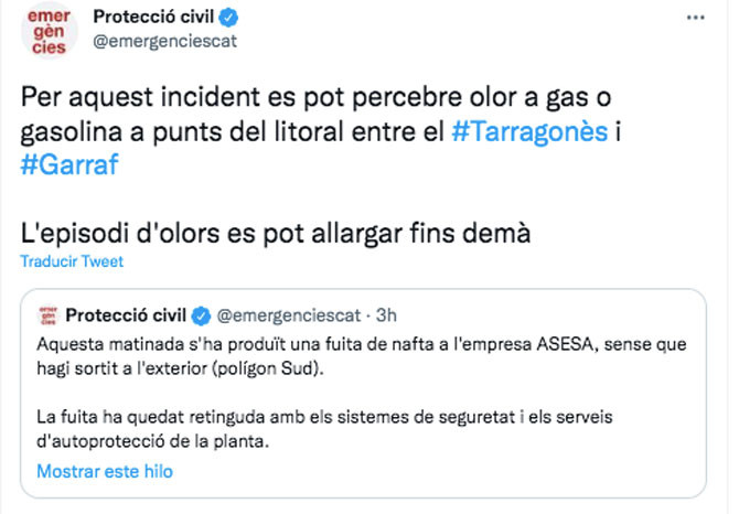El tuit de Protección Civil sobre la fuga de Tarragona / CG
