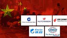 Las marcas China Construction Bank, Hutchinson, Air China, CTrip y Cosco Shipping sobre una imagen de las barricadas en Barcelona. Hong Kong / CG