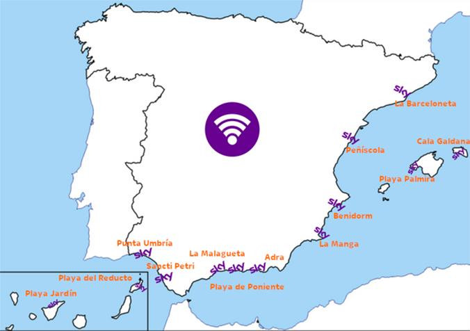 Mapa de España con algunas playas que ofrecen wifi gratis / SKY