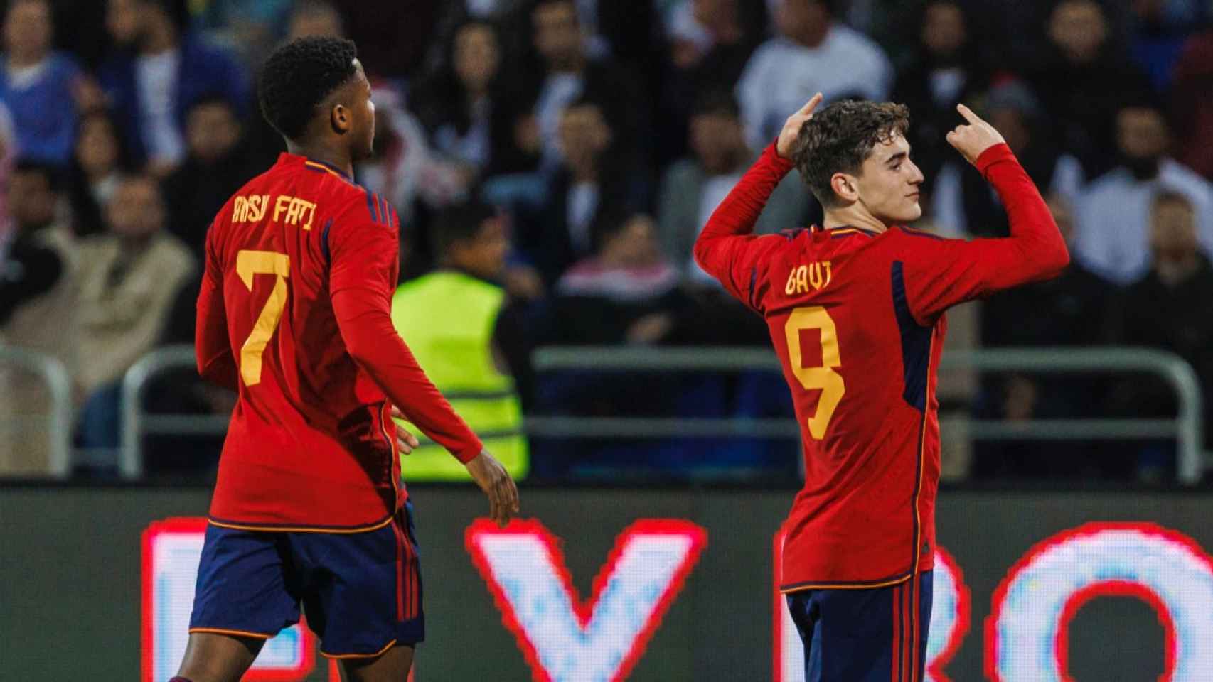 Gavi celebra su gol en el amistoso de España contra Jordania / SEFUTBOL