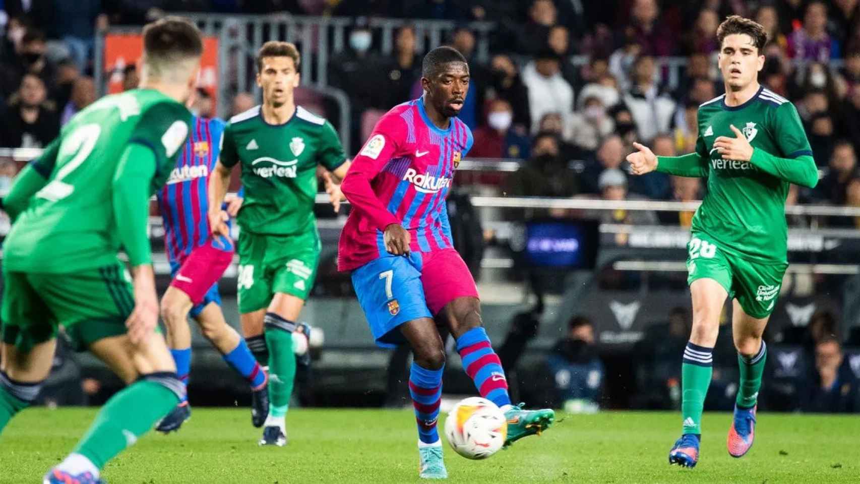 Ousmane Dembelé, en una acción del triunfo del Barça contra el Osasuna / FCB