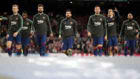 Los jugadores del Barça en el calentamiento contra el Slavia de Praga / FC Barcelona