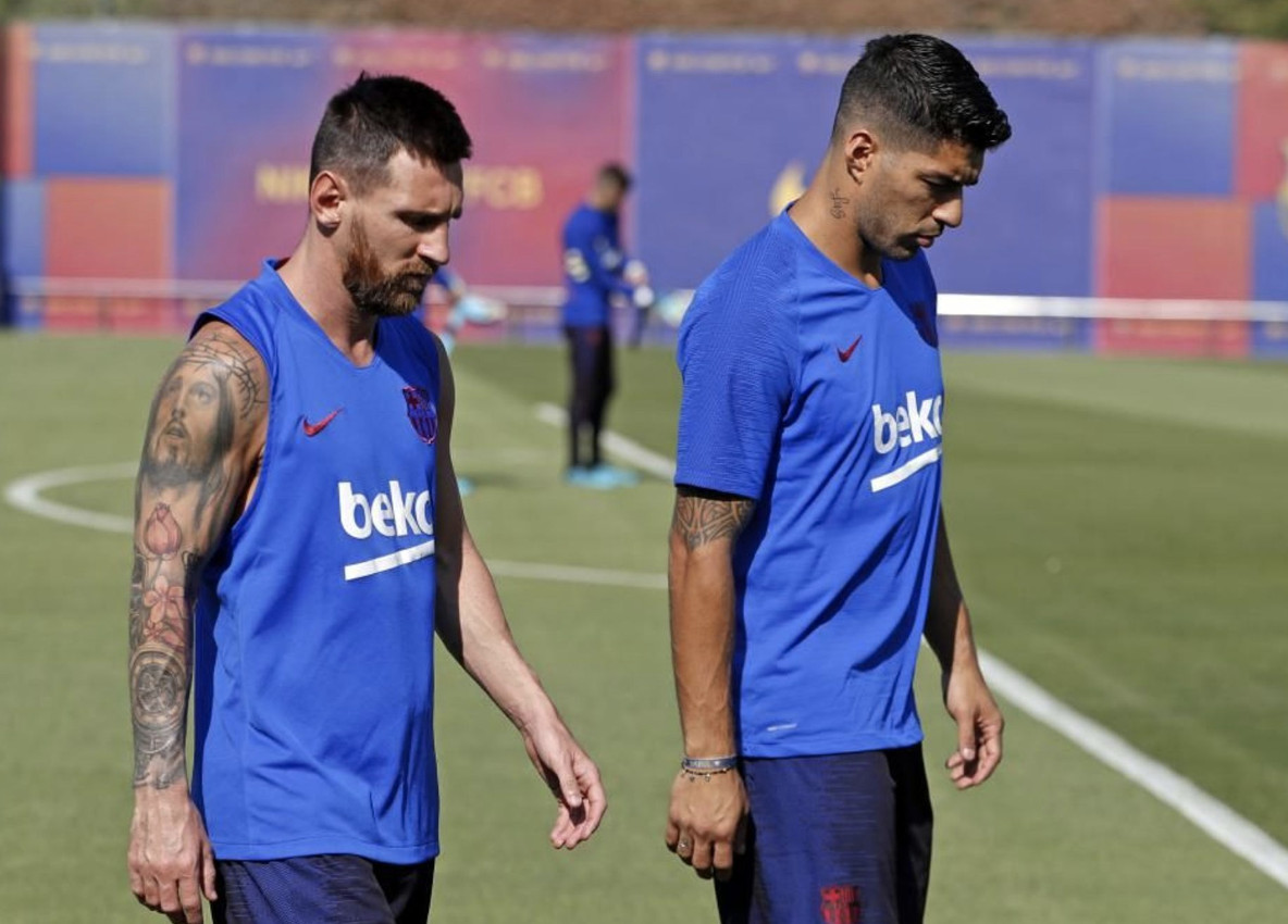 Una foto de Luis Suárez y Leo Messi durante un entrenamiento del Barça / FCB