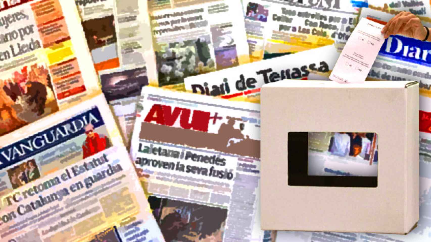 Periódicos catalanes, entre ellos varios medios soberanistas, tras una urna utilizada para votar la independencia de Cataluña / CG