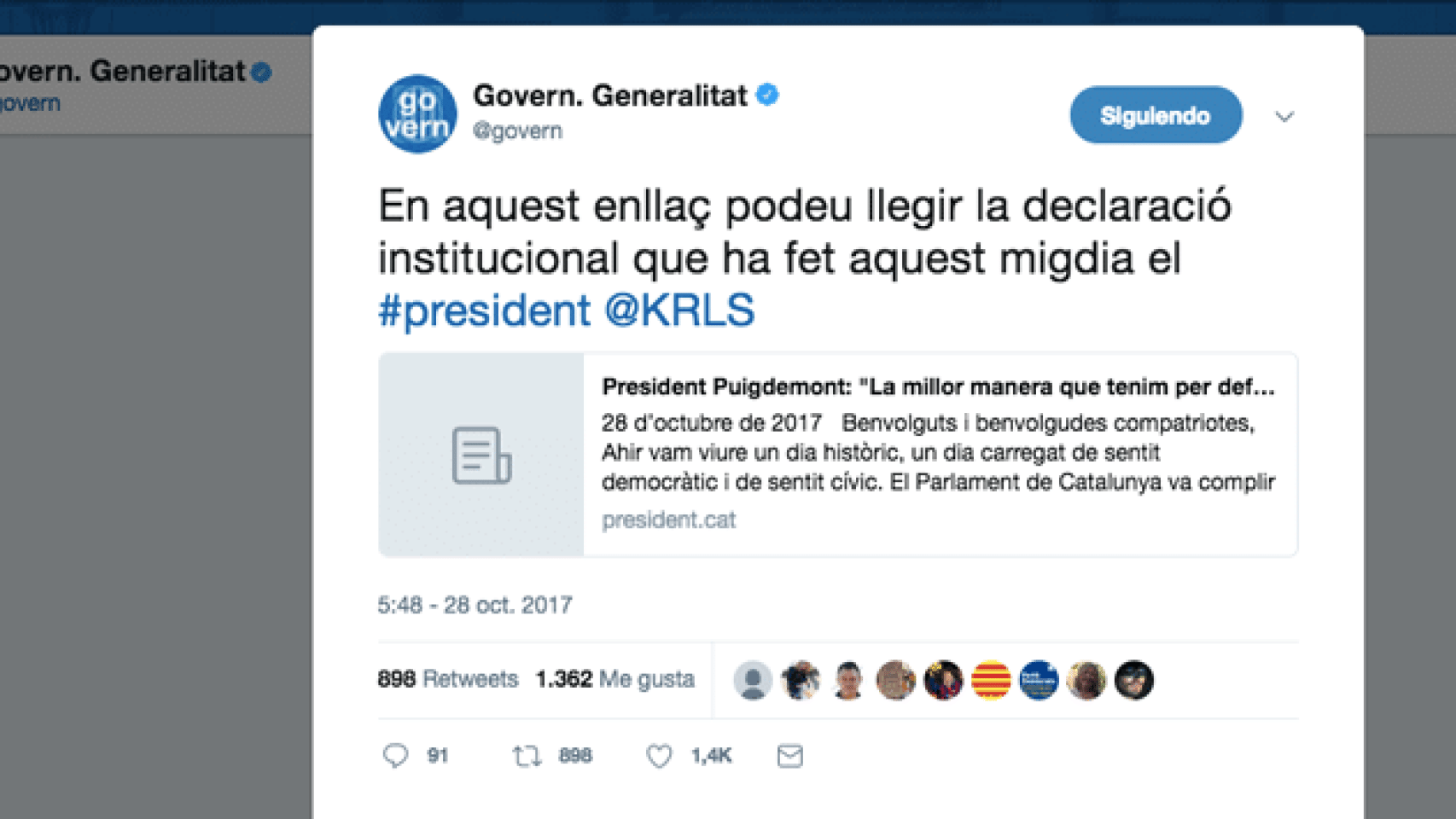 El tuit de la Generalitat este sábado / CG