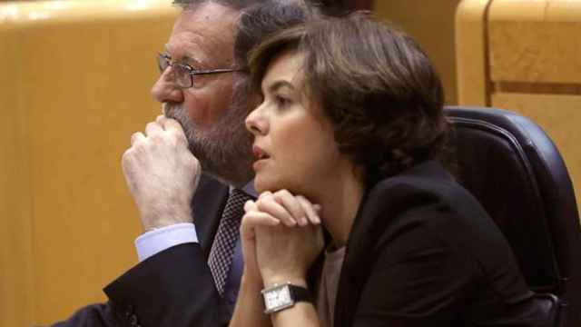 Mariano Rajoy, presidente del Gobierno, y Soraya Sánez de Santamaría, vicepresidenta, al inicio de la sesión de control al Ejecutivo en el Senado / EFE