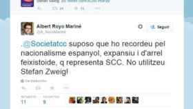 Tuit del secretario general de Diplocat, Albert Royo, en el que tilda de fascitoide a SCC