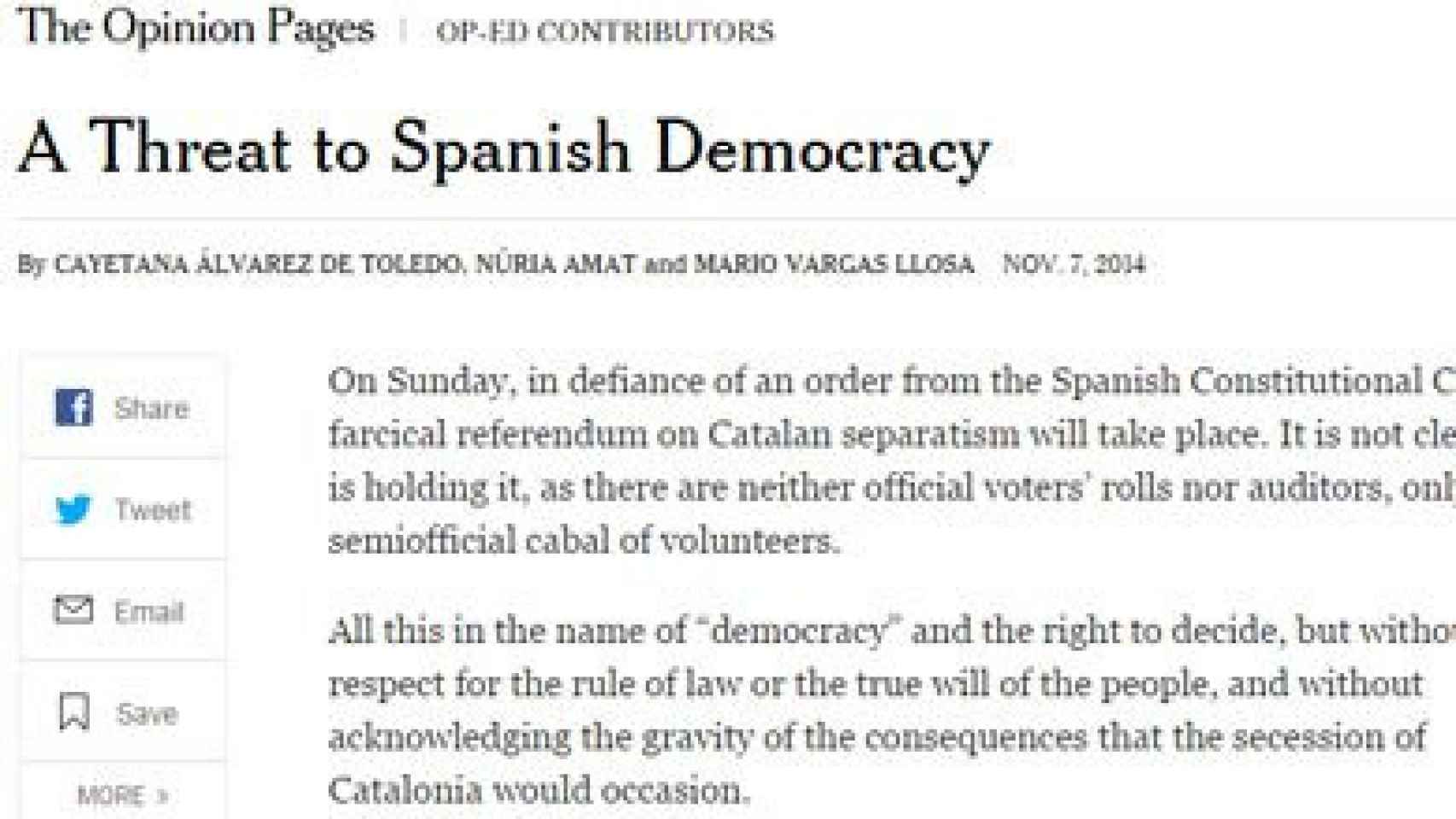 Artículo de Mario Vargas Llosa, Cayetana Álvarez de Toleo y Núria Amat en 'The New York Times'