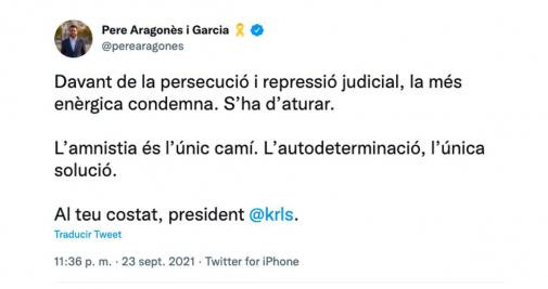 La primera reacción de Pere Aragonès tras la detención de Carles Puigdemont / TWITTER
