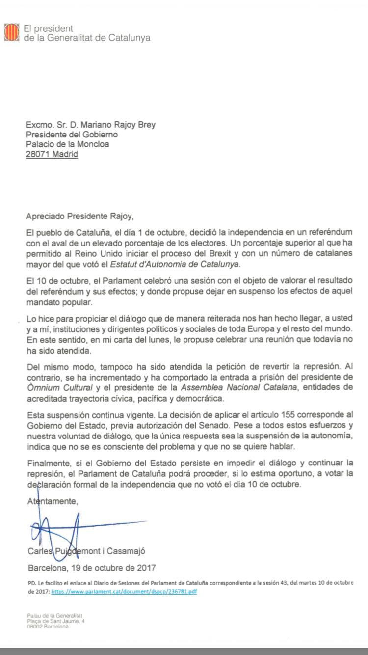 La respuesta del President, Carles Puigdemont, al requerimiento del Gobierno / CG
