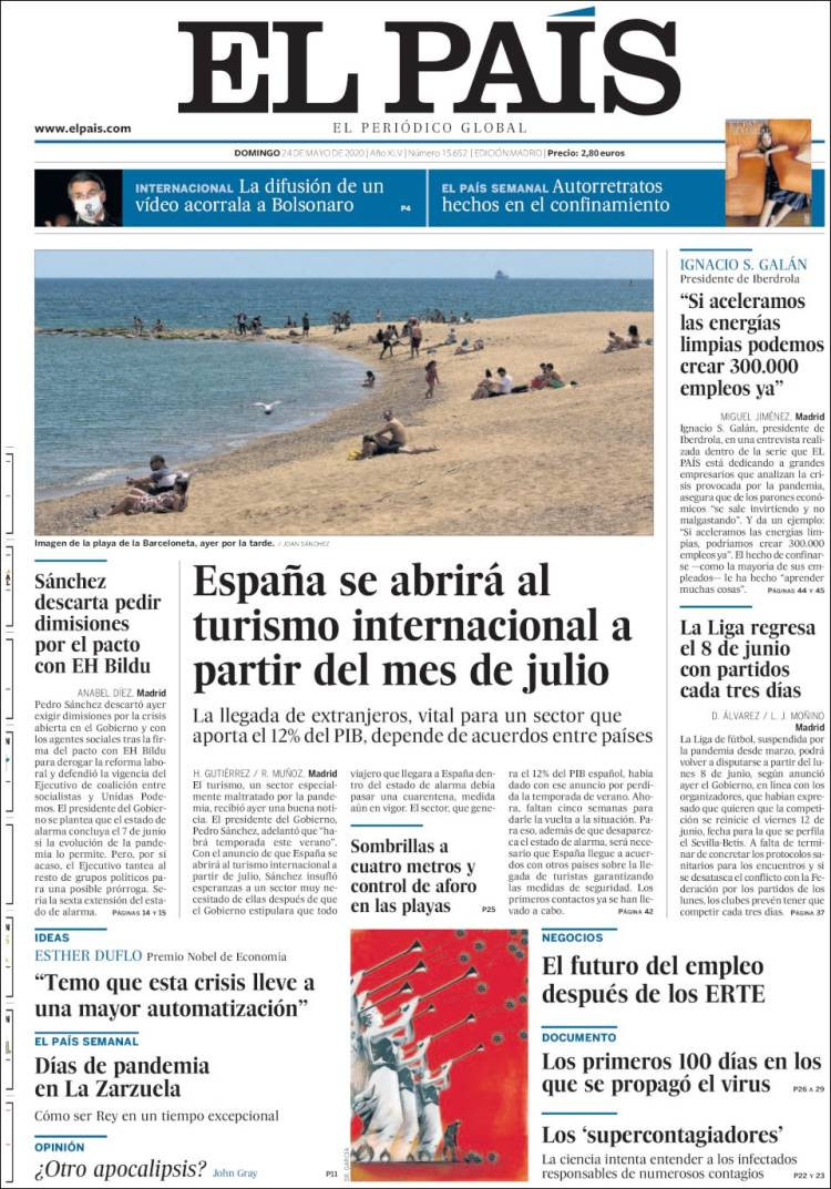 Portada de El País del 24 de mayo de 2020