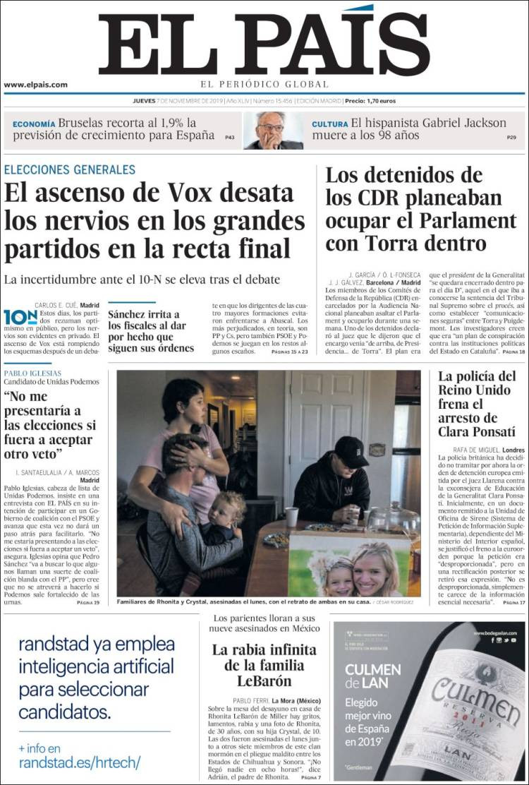 Portada de 'El País' del jueves 7 de noviembre