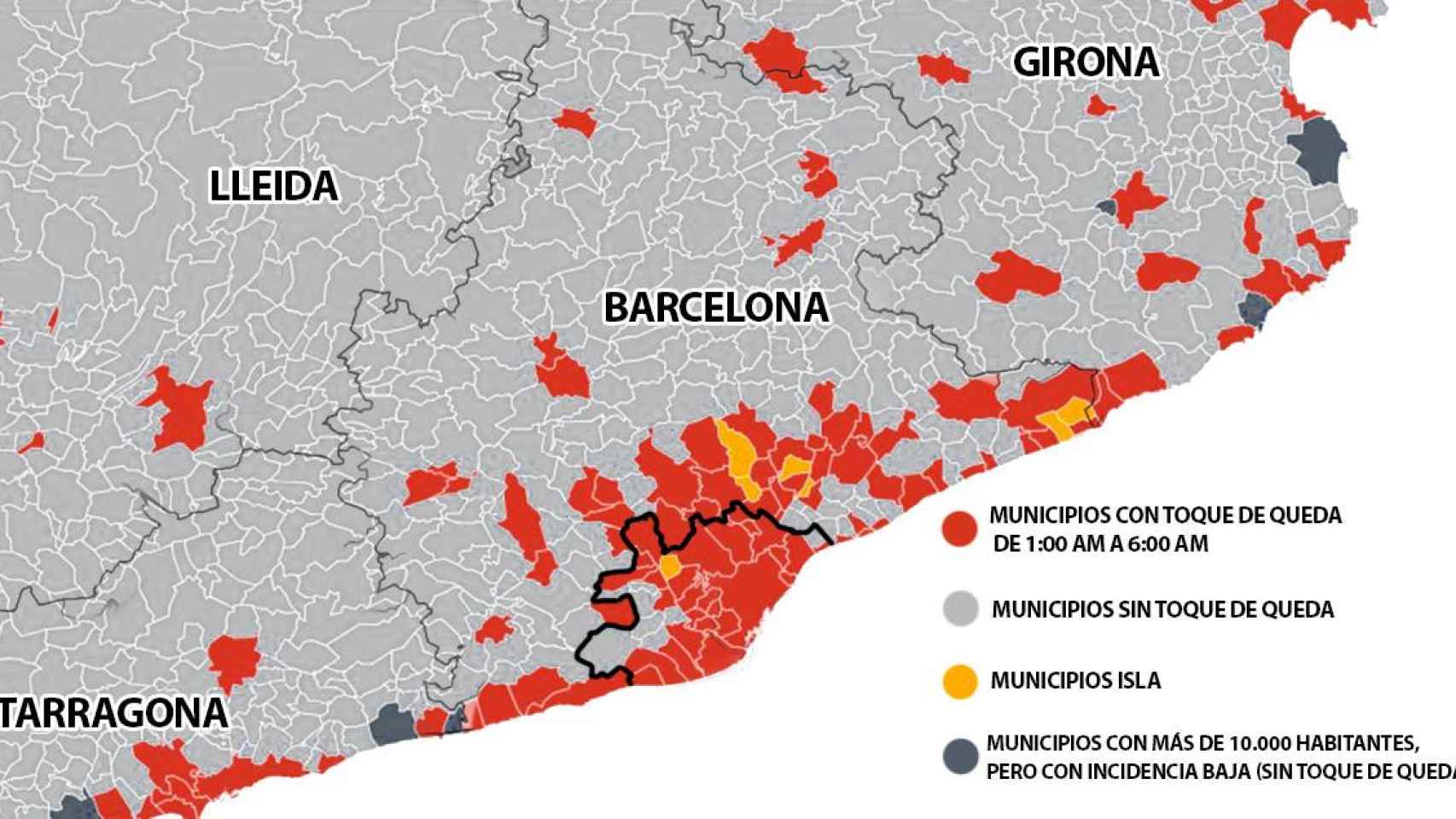 Mapa con los municipios afectados por el toque de queda / CG