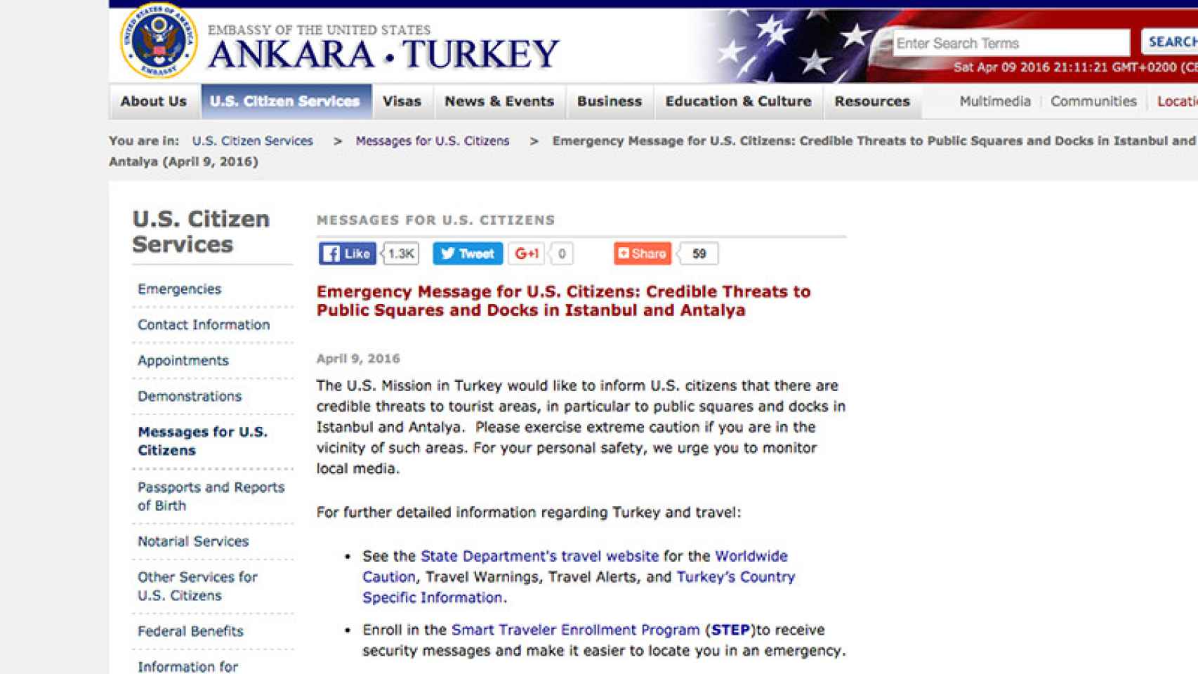 Web de la Embajada de Estados Unidos en Ankara con aviso de posibles atentados.