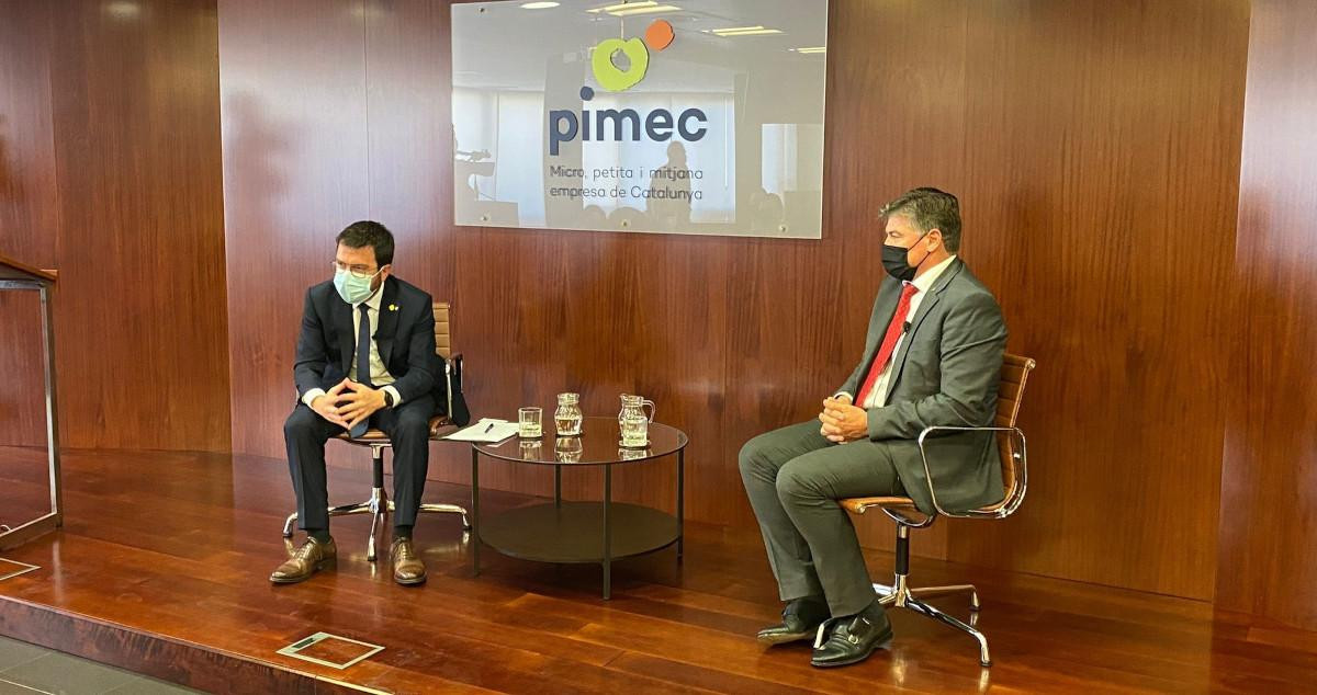 El 'president' Pere Aragonès junto a Antoni Cañete, presidente de Pimec / EP