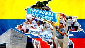 Una manifestación de trabajadores de Electricaribe, la filial eléctrica de Gas Natural Fenosa en Colombia, y la sede de Madrid de la compañía / FOTOMONTAJE DE CG