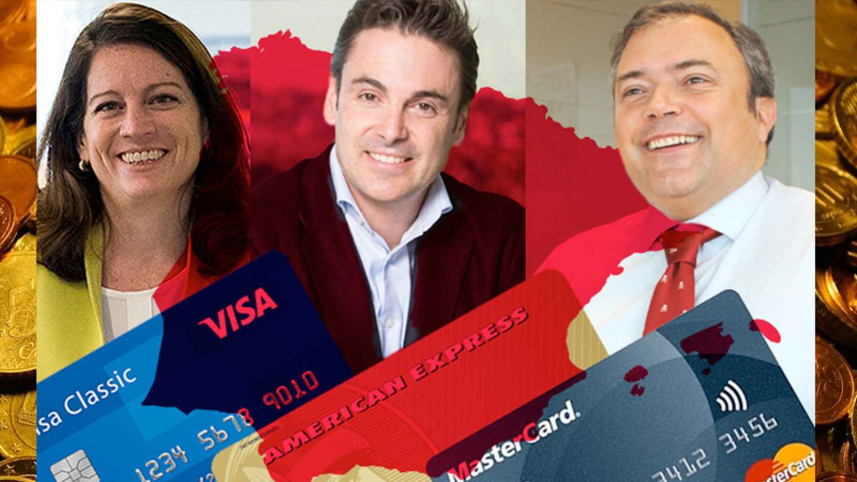 El dinero de plástico Visa, American Express y MasterCard con sus máximos directivos, Carmen Alonso, Juan Orti y Ovidio Egido, respectivamente | Fotomontaje CG