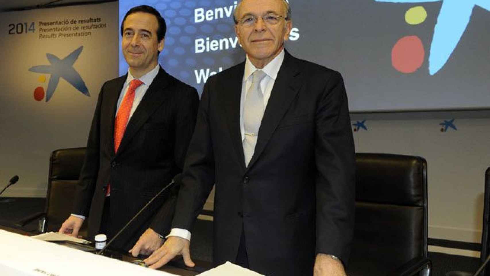 Imagen de Isidro Fainé y Gonzalo Gortazár en la rueda de prensa de resultados 2014
