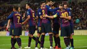 El Barça celebra el gol de Messi en Wembley / EFE
