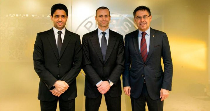 Al-Khelaifi y Bartomeu posan junto al presidente de UEFA Aleksander Ceferin (centro) / FCB