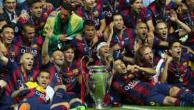 La plantilla del Barça festeja la consecución de la Champions League 2014-15 / EFE