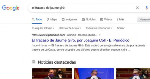 El artículo 'El fracaso de Jaume Giró', publicado en 'El Periódico', según aparece en una búsqueda en Google / GOOGLE