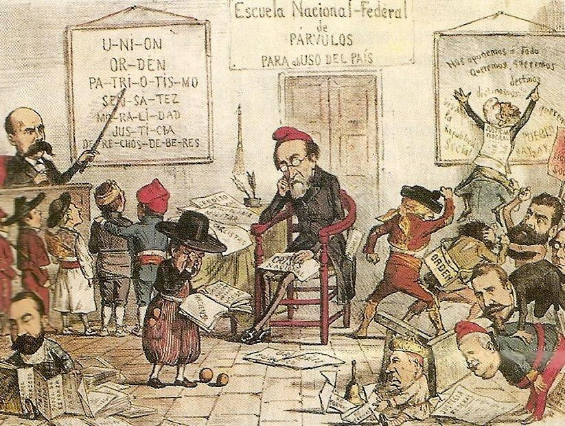 Caricatura de la I República publicada donde se representa a Pi i Margall desbordado por el federalismo, representado por figuras contrajes regionales (1873) / TOMÁS PADRÓ