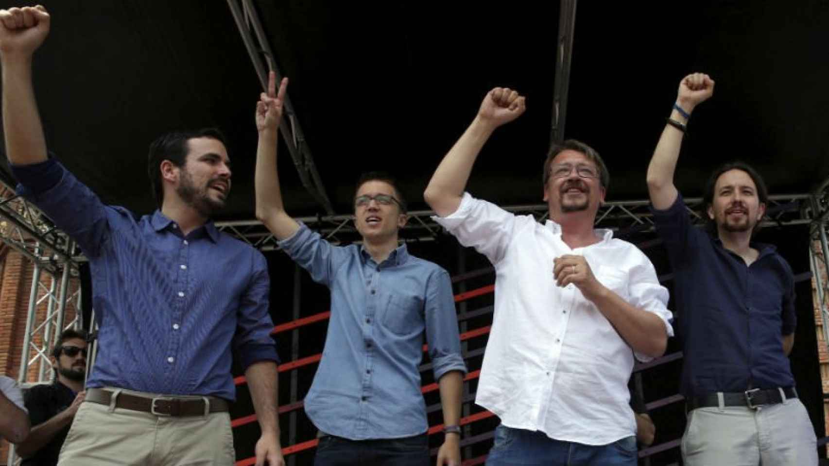 Los principales líderes de la coalición Unidos Podemos, Alberto Garzón, Xavier Domènech, Íñigo Errejón y Pablo Iglesias, durante el acto de este sábado de campaña electoral.