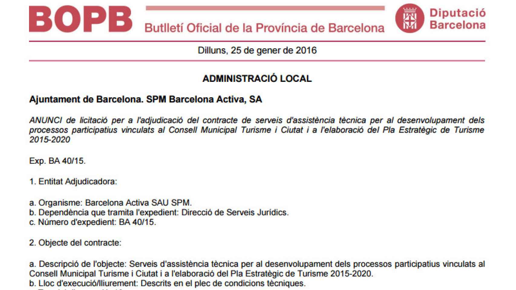 Anuncio de la licitación del proceso participativo del plan municipal de Barcelona en Turismo, publicado en el BOP del 25 de enero.