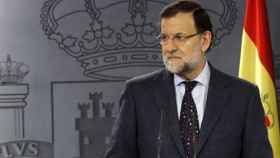 El presidente de Gobierno, Mariano Rajoy, durante la rueda de prensa ofrecida en el Palacio de la Moncloa tras reunirse con el presidente del Consejo Europeo, Donald Tusk