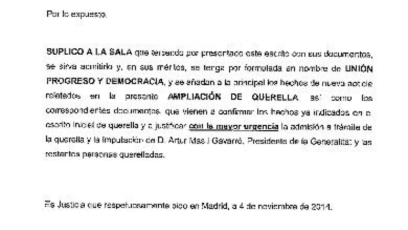 Fragmento de la ampliación de la querella de UPyD contra Artur Mas, Núria de Gispert y cuatro miembros de la mesa del Parlamento autonómico.