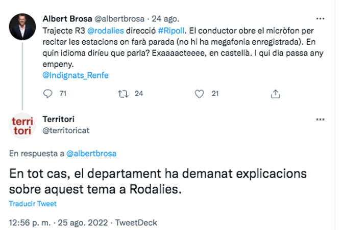 El tuit de la Consejería de Territorio anunciando que se queja a Renfe por el uso del castellano / CG