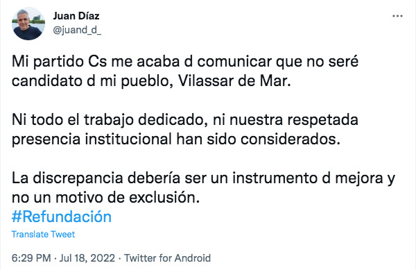 Mensaje de Juan Díaz, concejal de Ciudadanos en Vilassar de Mar / TWITTER