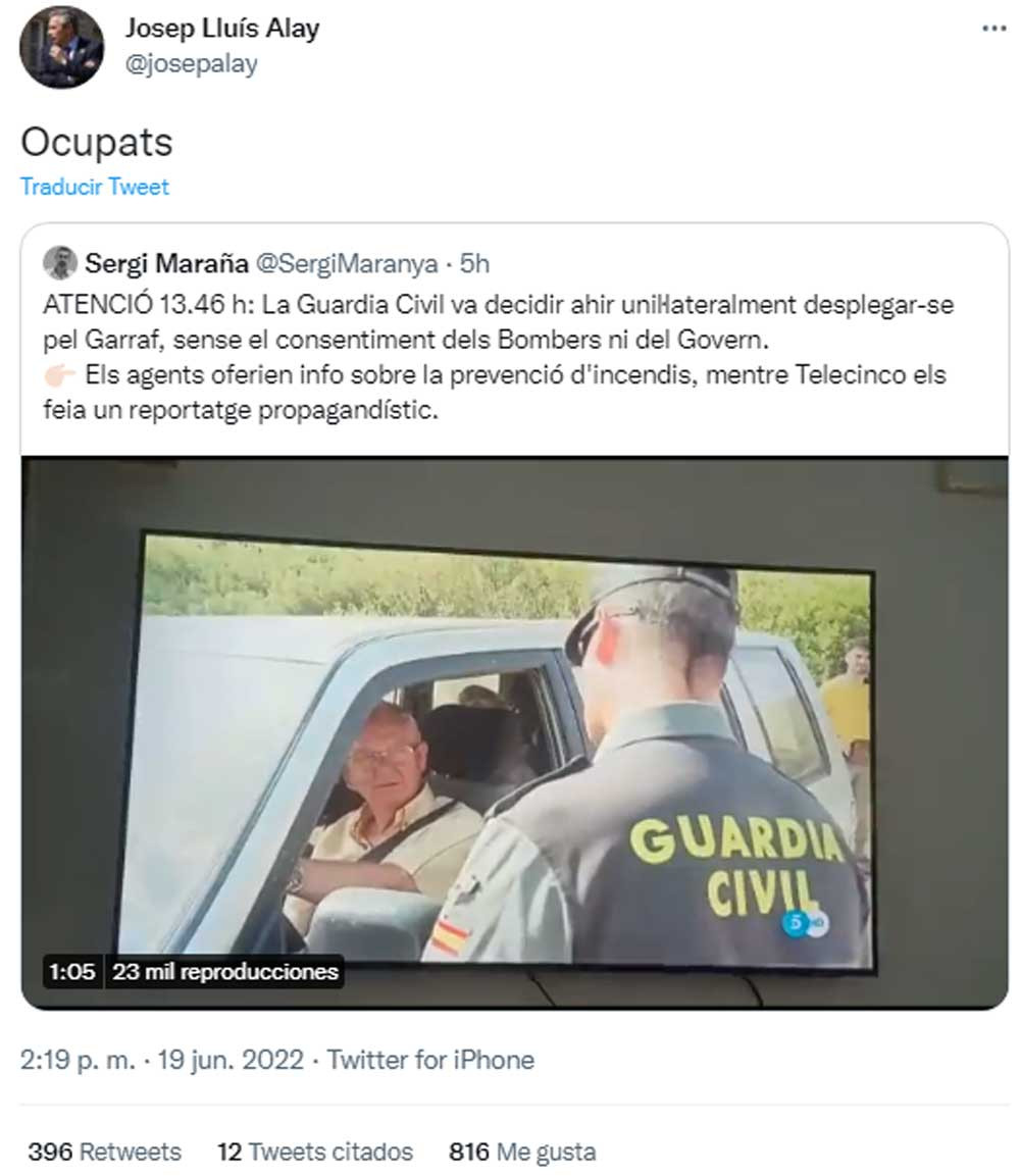 Tuit de Josep Lluís alay quejándose de la ayuda de la Guardia Civil en la lucha contra los incendios de Cataluña / TWITTER
