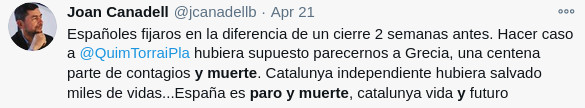 Canadell, diciendo que España es paro y muerte en Twitter