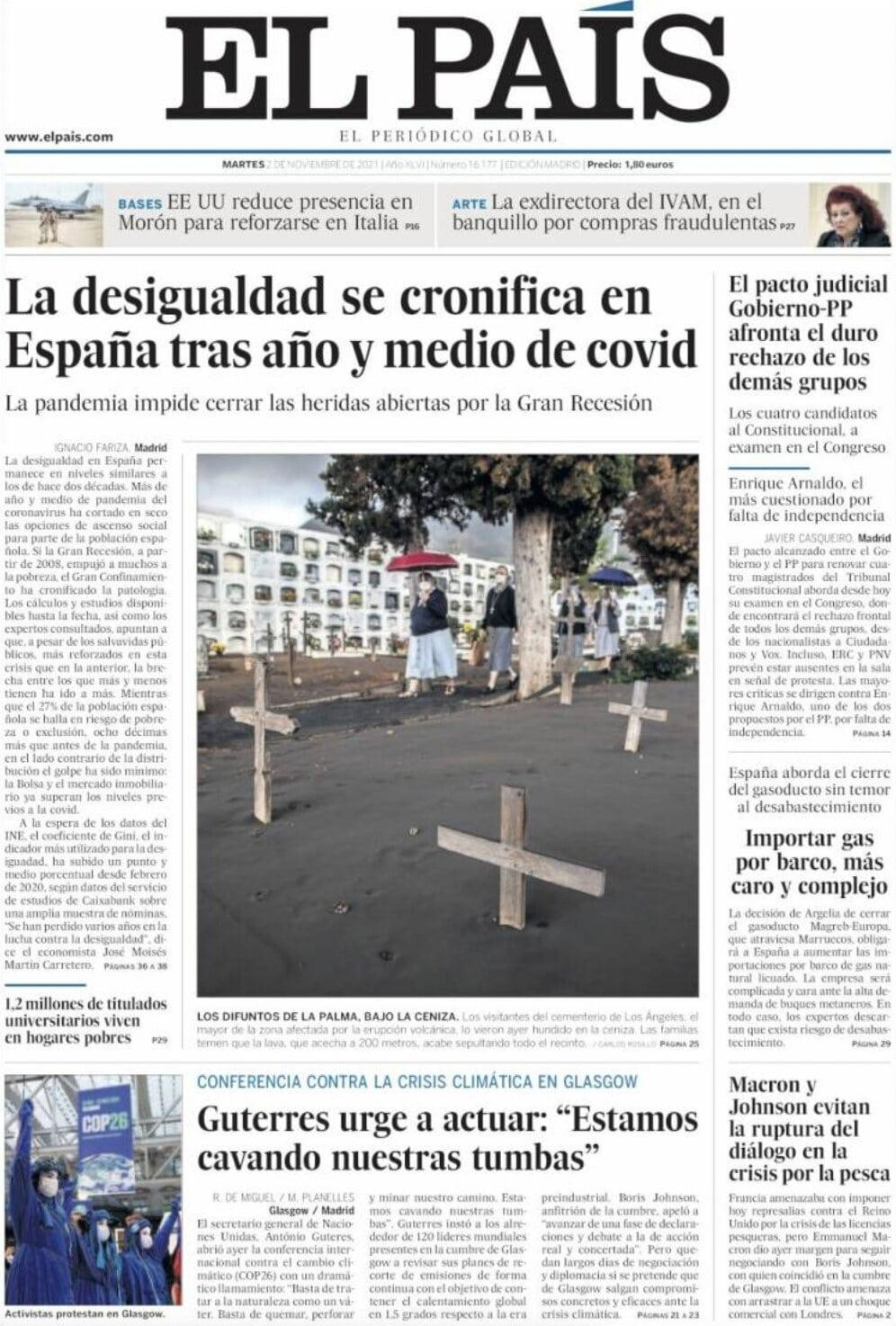 Portada de 'El País', 2 de noviembre de 2021